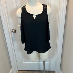 Candies Black Cold Shoulder Lace Trim Cutout Neck Blouse Women's Size M